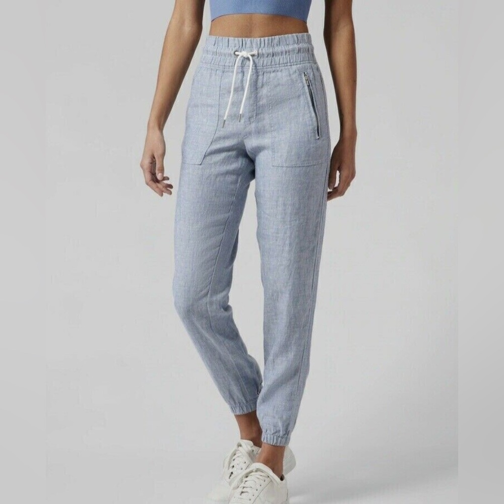 Athleta Cabo Linen Jogger Pants 6 Chambray Blue Zip Pockets Beachy Travel Resort